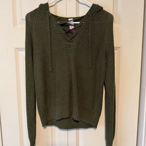 No Boundaries Forest Green Lace-Up V-Neck Sweater